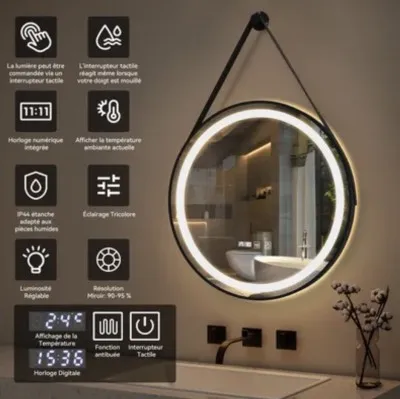  miroir de salle de bain avec LED et horloge